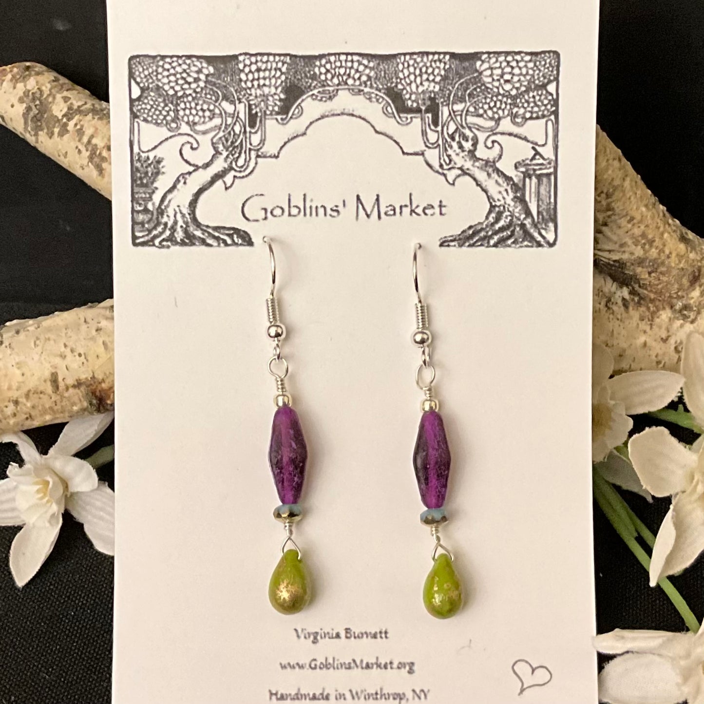 Earrings with Purple Drop and Gilded Lime Teardrop
