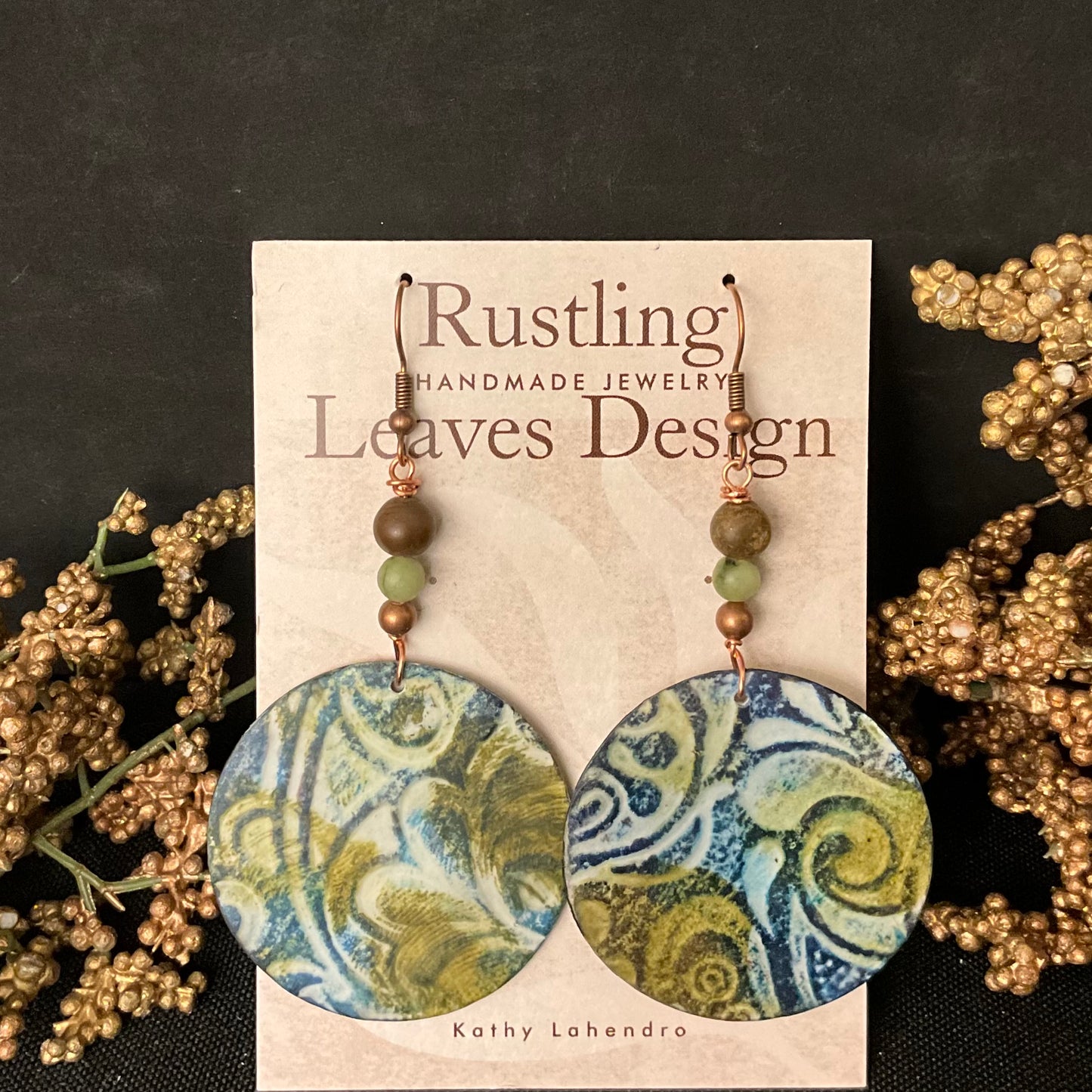 Blue & Olive Embossed Leaf Circle earrings