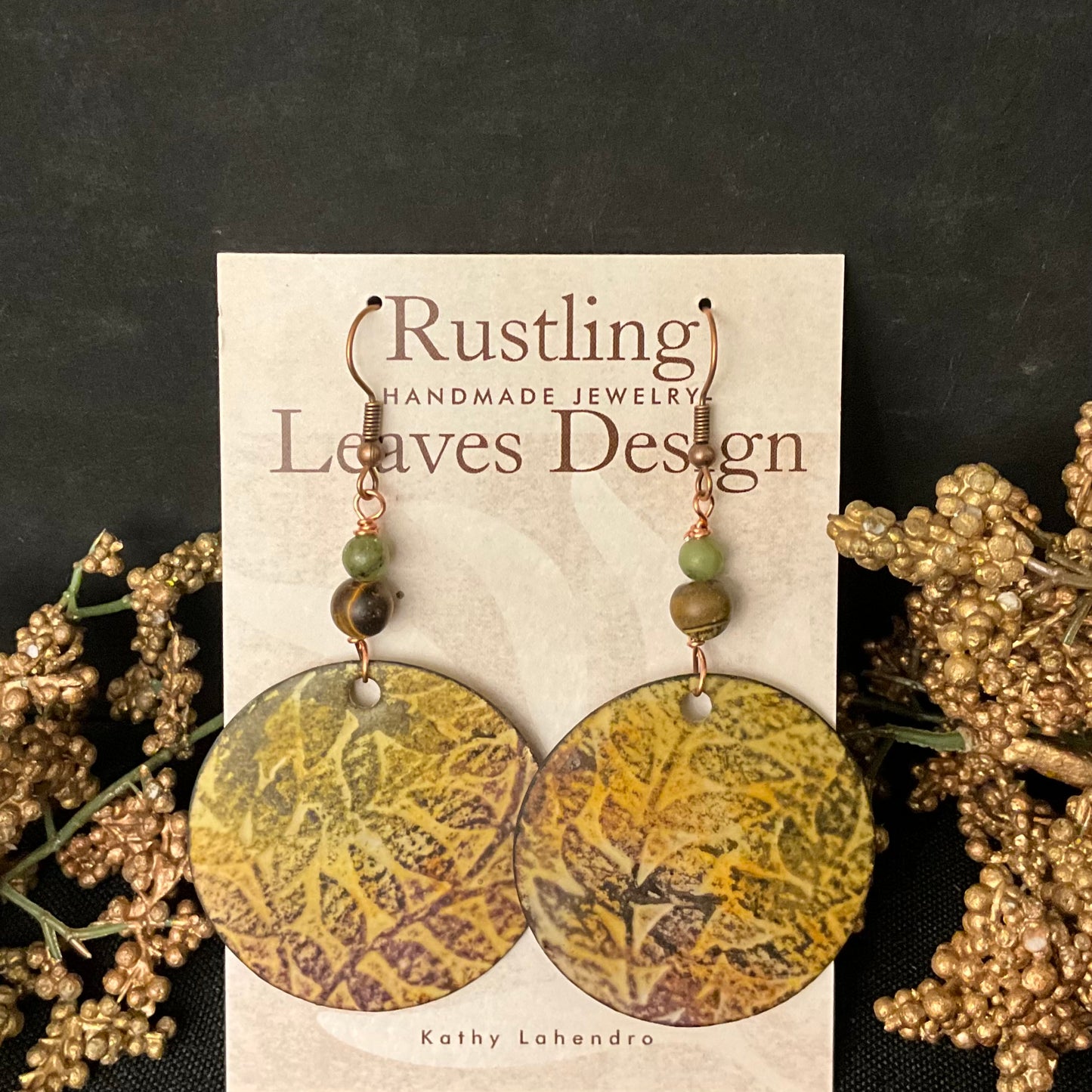 Olive & Brown Embossed Leaf Circle earrings