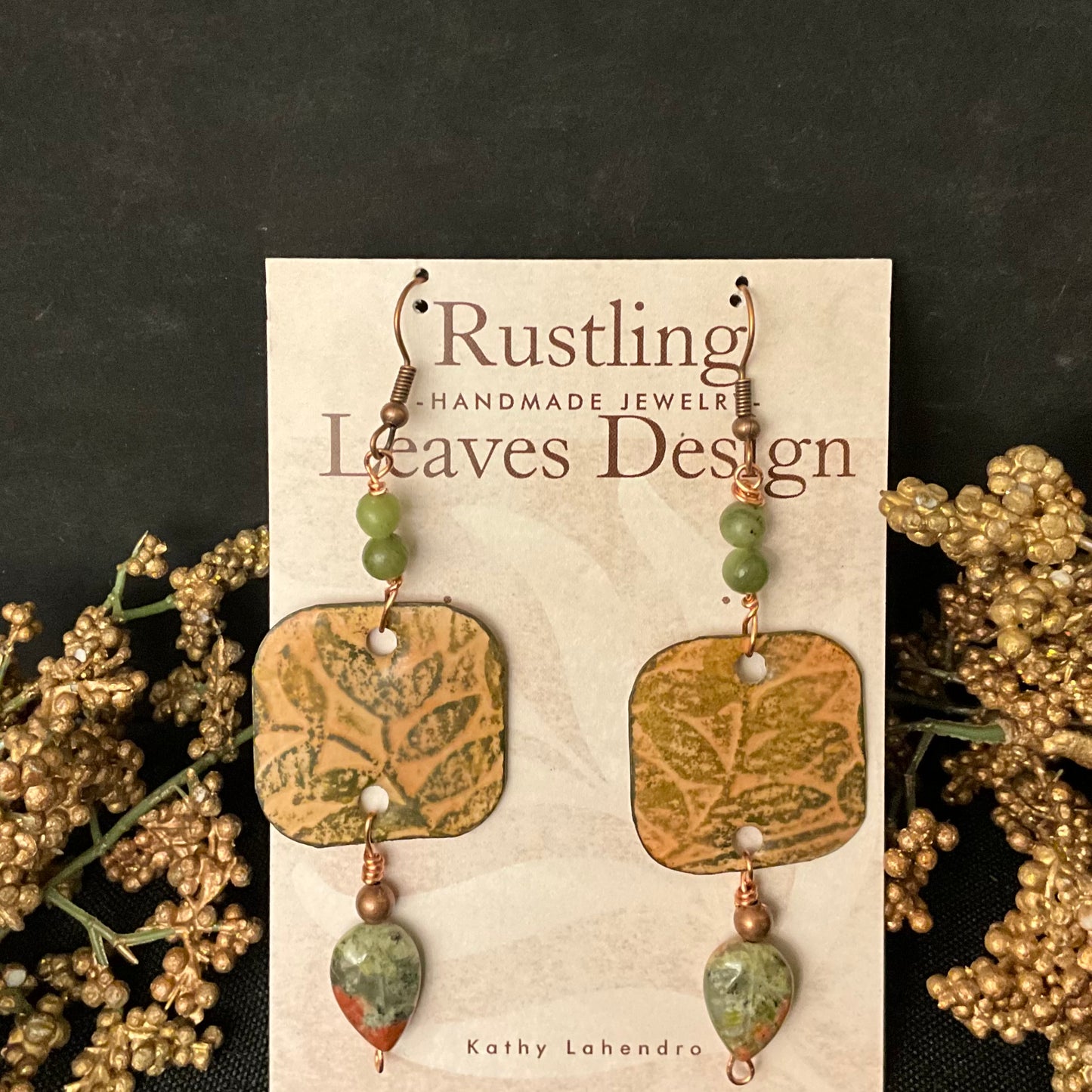 Olive & Brown Embossed Leaf Squares with Jasper dangles Earrings