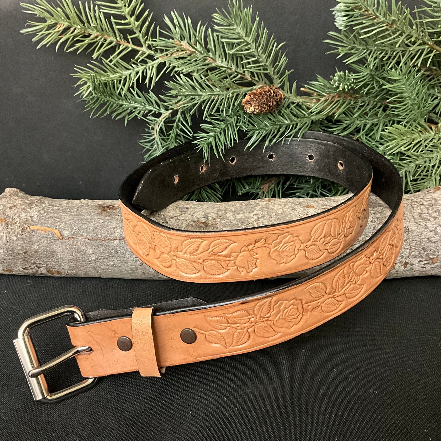 Light Brown Stamped Belt Rose Pattern 32”