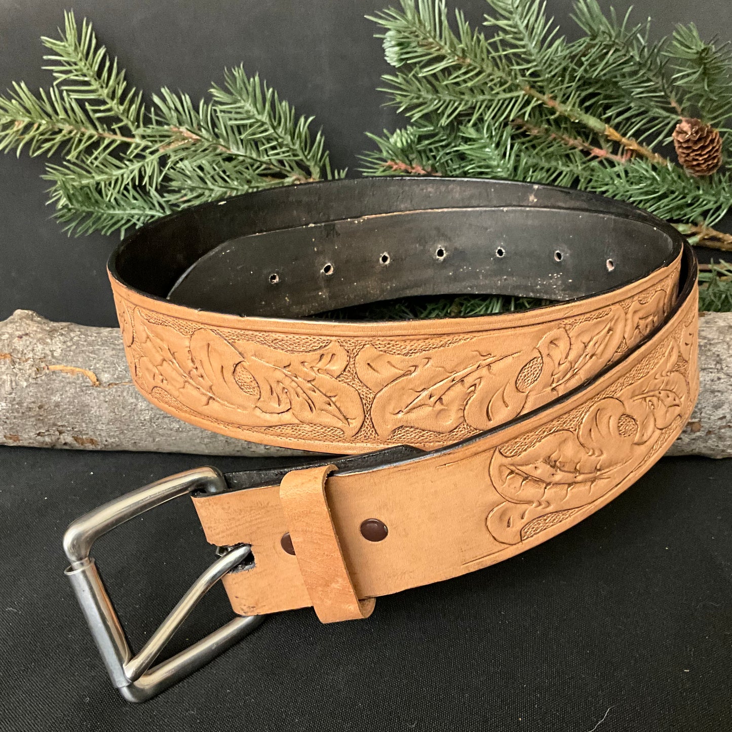 Light Brown Tooled Belt Fleur de Lis 38”