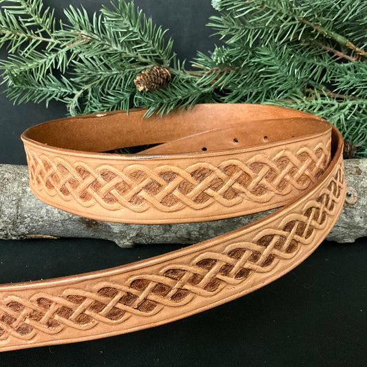 Light Brown Tooled Celtic Knot Belt 42”