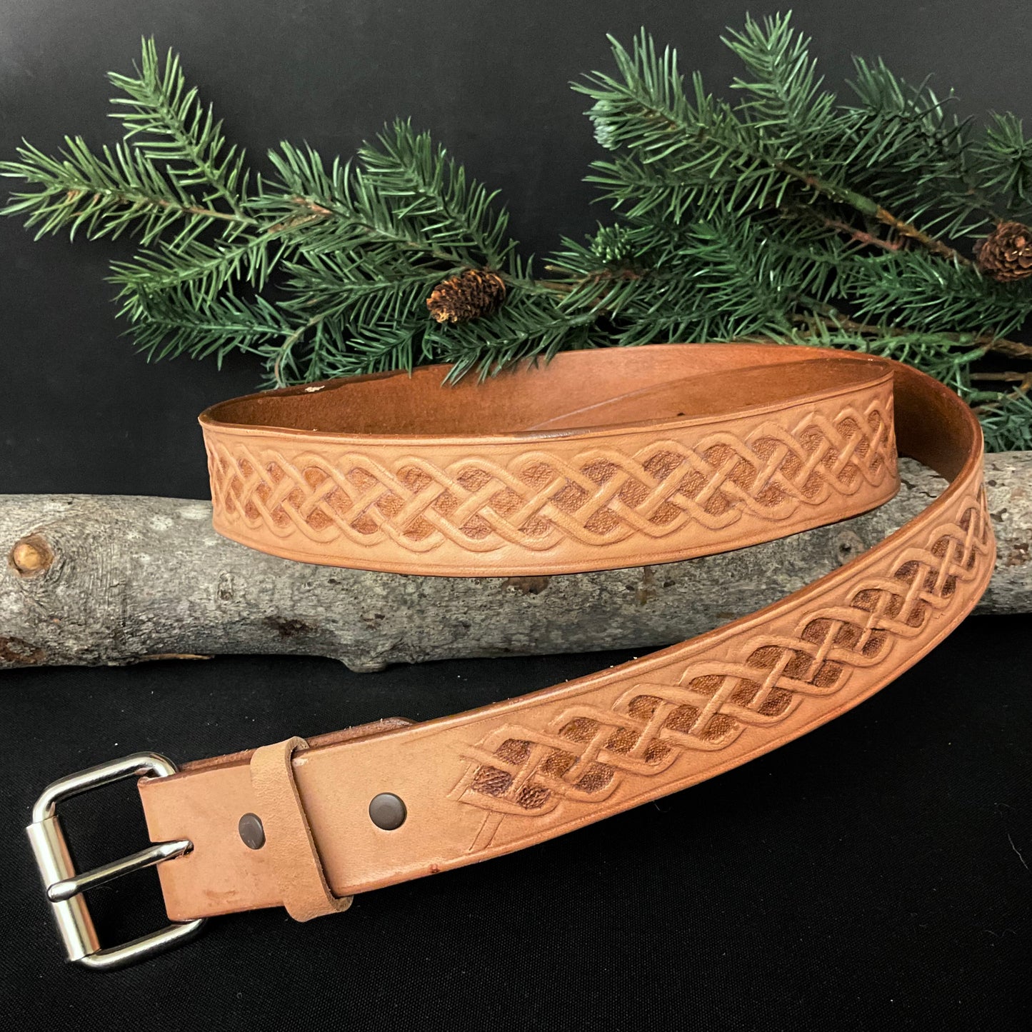 Light Brown Tooled Celtic Knot Belt 42”