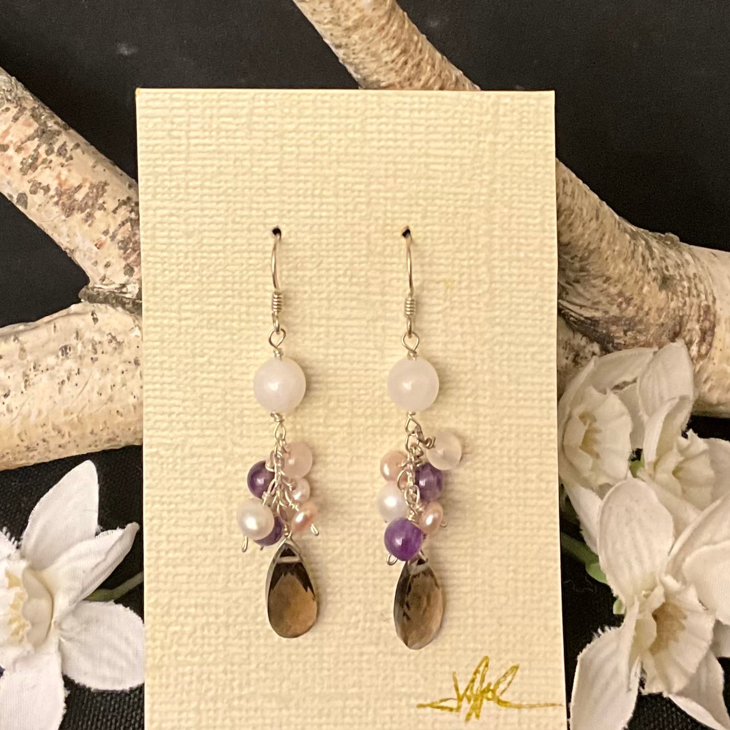 Smoky Quartz Earrings with Rose Quartz, Pearl & Amethyst #116