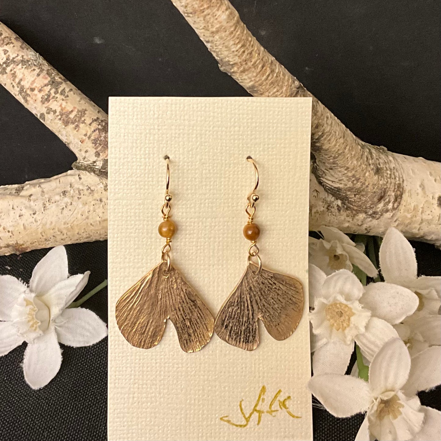 Bronze Ginko Leaf & Agate Earrings #176