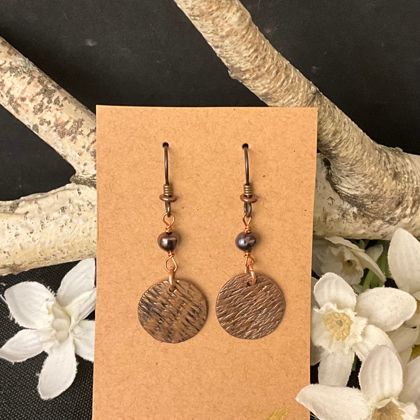 Textured Copper Disc FW Pearl Earrings #230