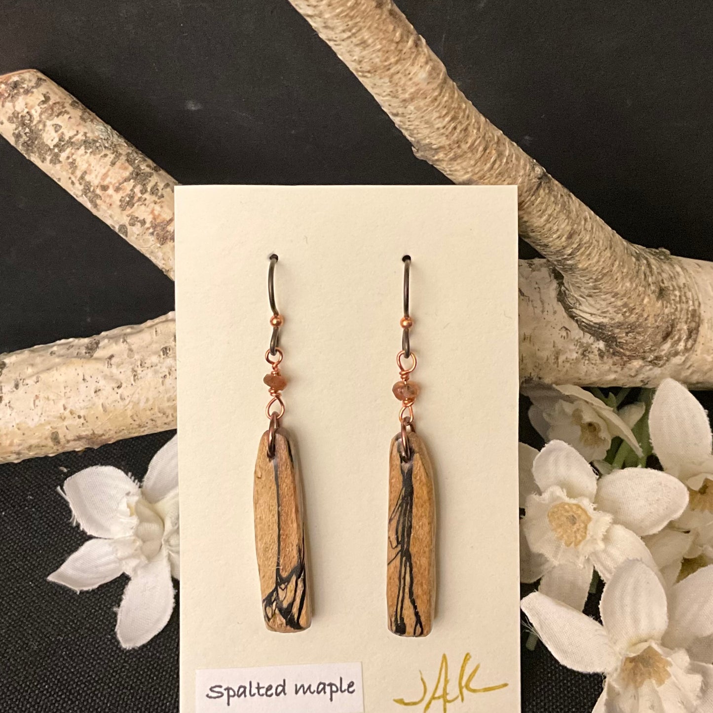 Spalted Maple Earrings w/ Hessionite Garnet #281