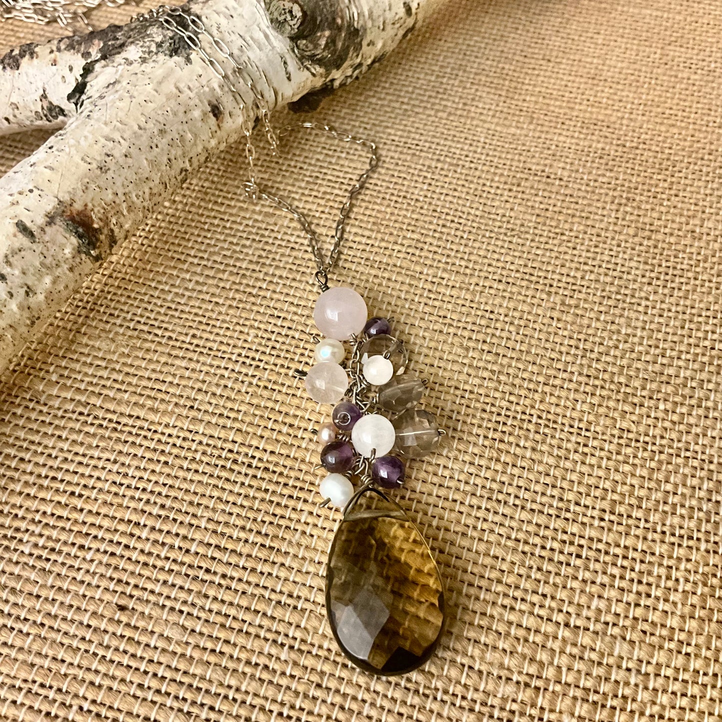 Smoky Quartz Pendant with Rose Quartz, Pearl & Amethyst #115