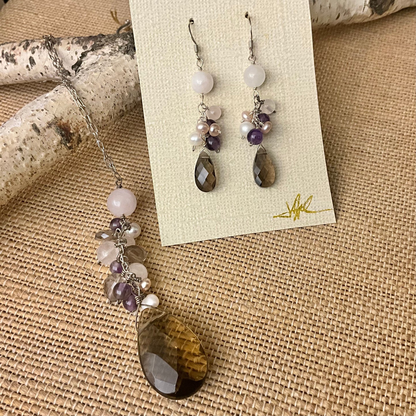 Smoky Quartz Earrings with Rose Quartz, Pearl & Amethyst #116