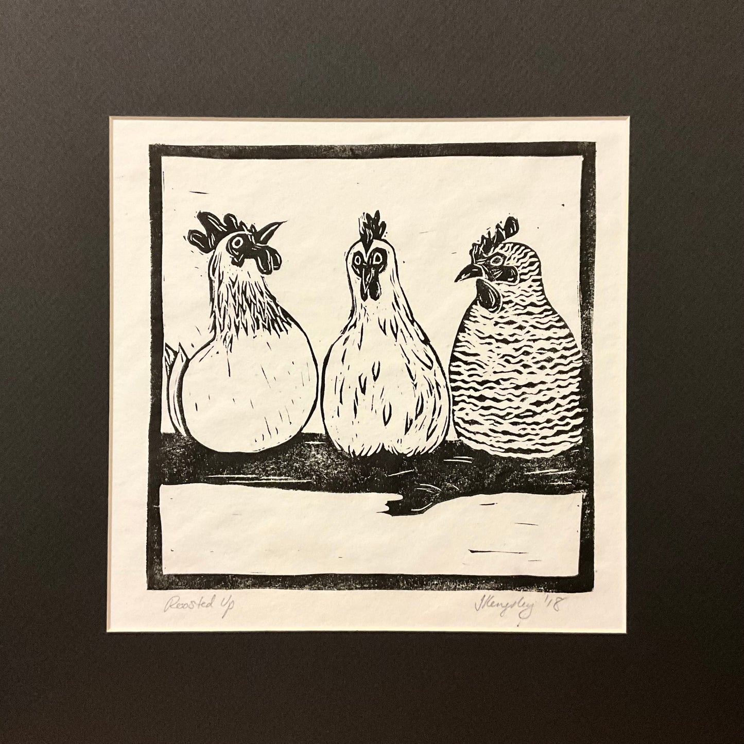 "Roosted Up"” Rubber Block Print Matted