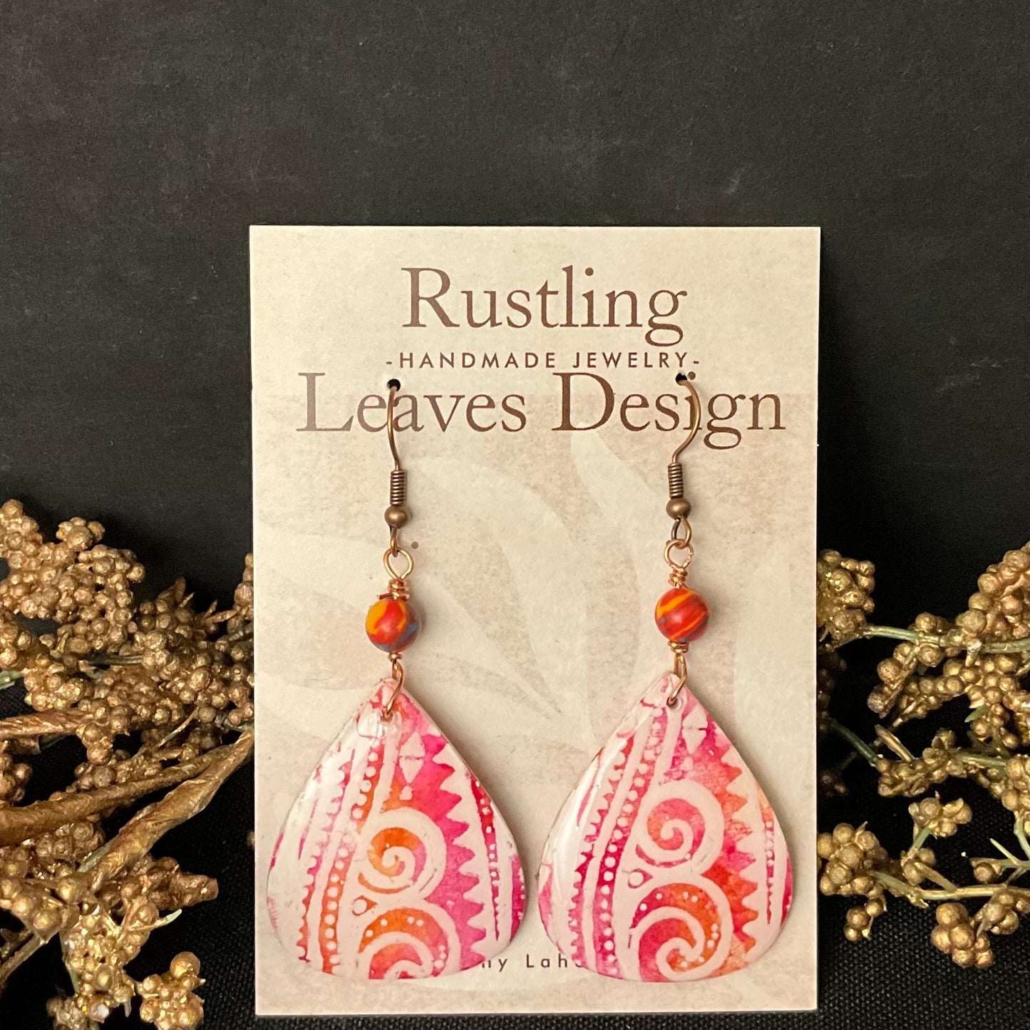 Teardrop Earrings Pink w White Floral Design