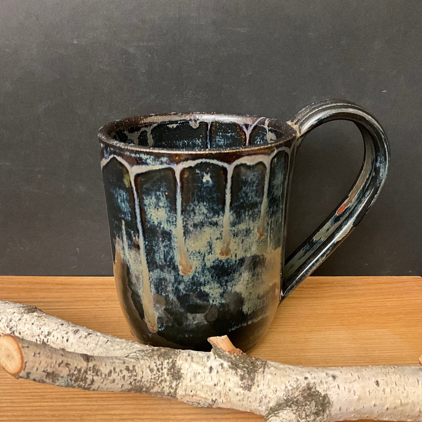 Tall Mug in Black with Taupe dribbles