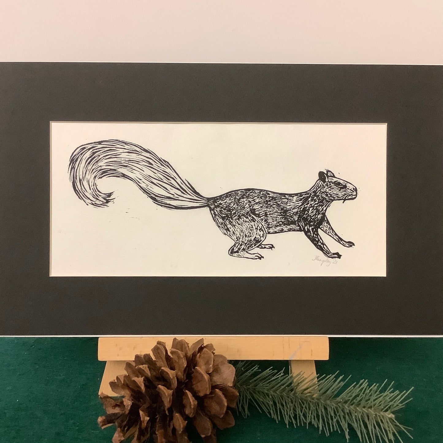 “Paused Squirrel” Rubber Block Print with Black Mat