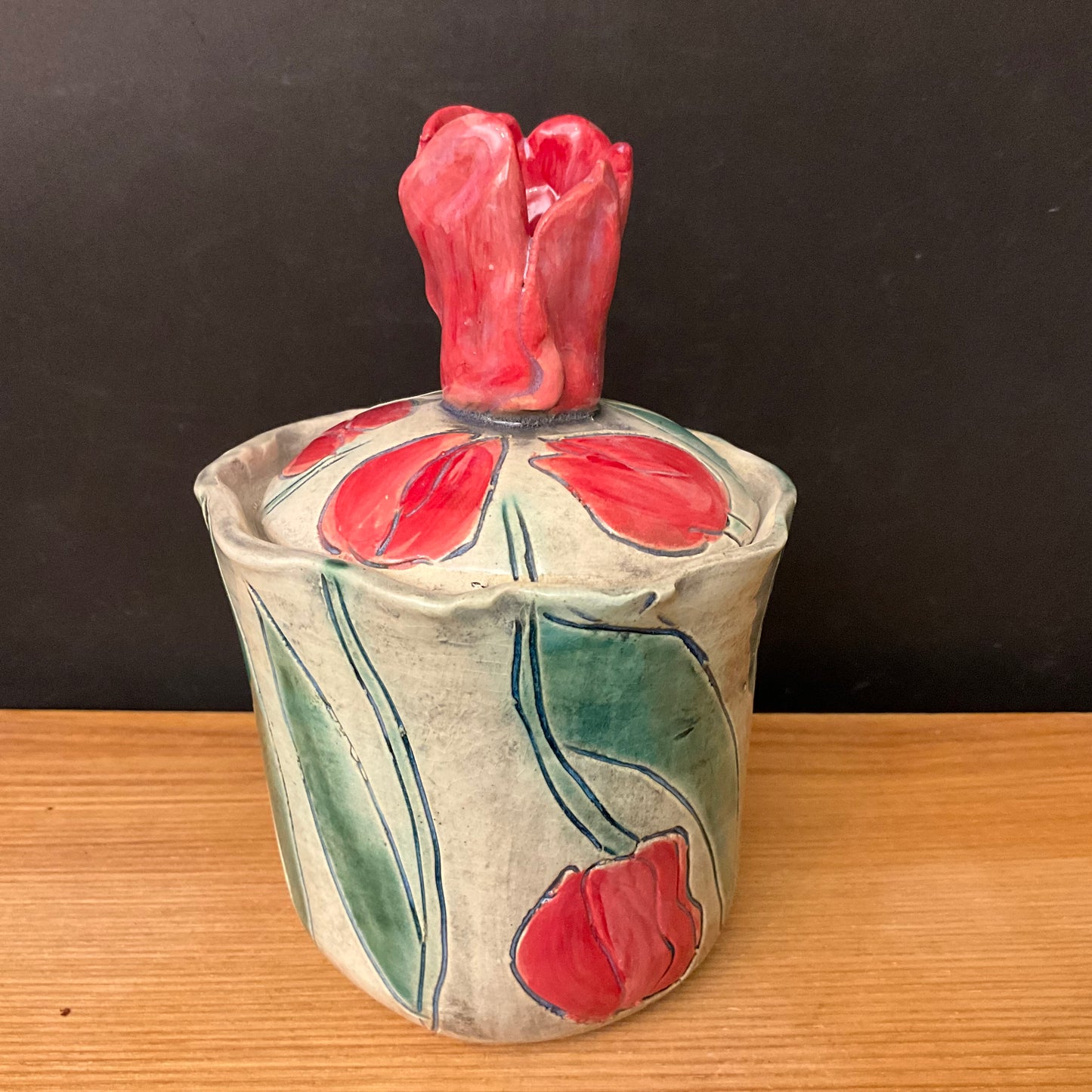Small Carved Jar with Pink Tulip Finial
