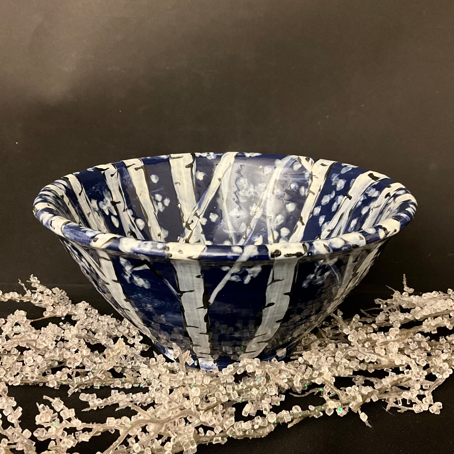 Large Bowl Winter Birches on Dark Blue