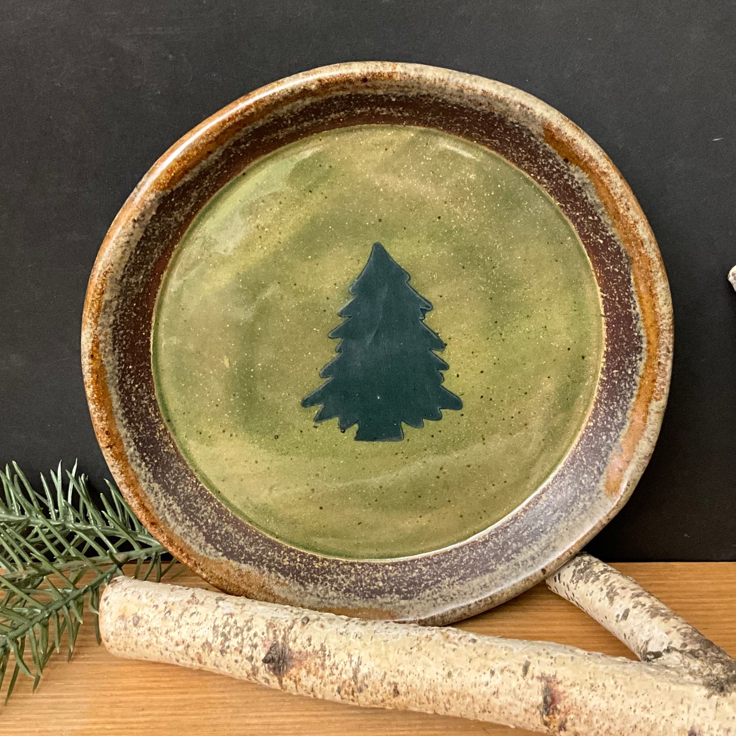 Olive Green Plate w Evergreen Design