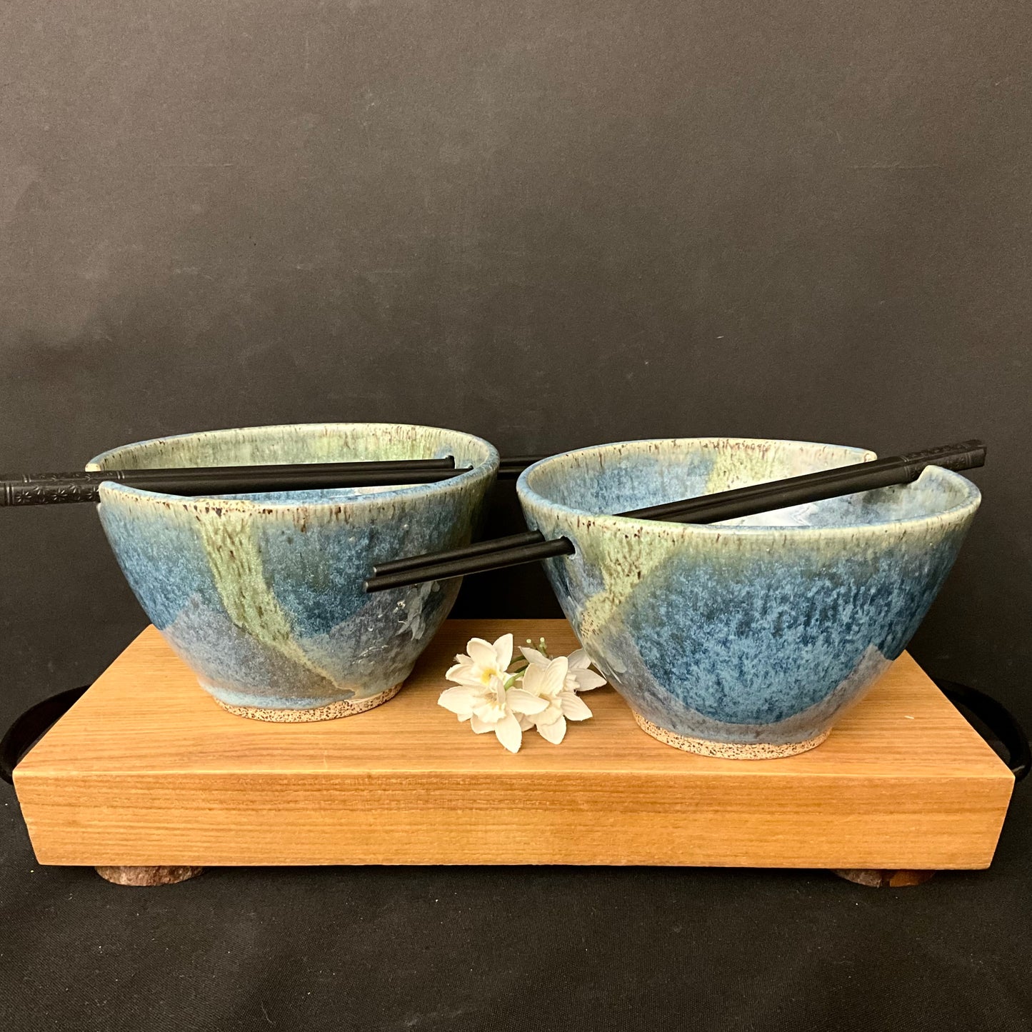 Set of Two Rice Bowls in Speckled Blue And Celadon