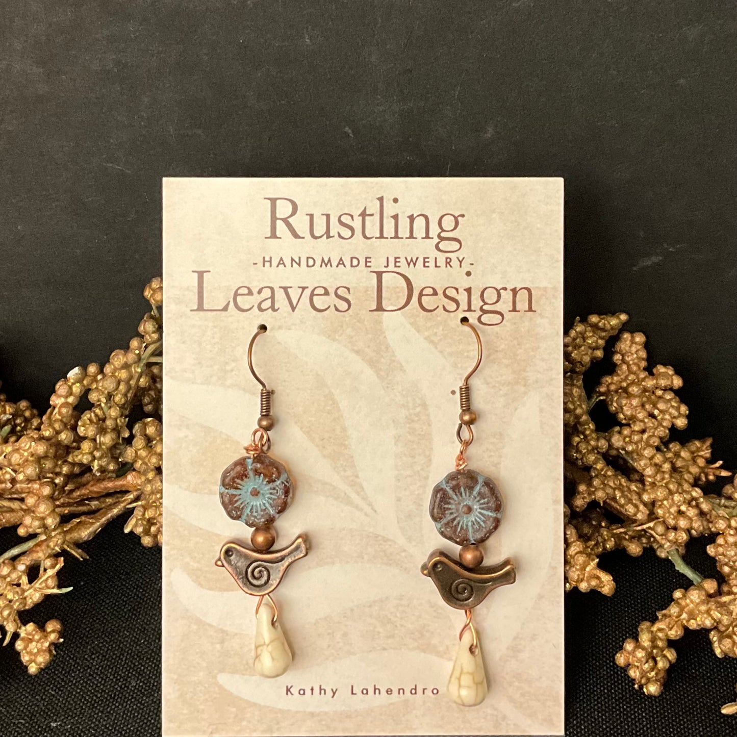 Blue Flower and Copper Bird with Bead Earrings