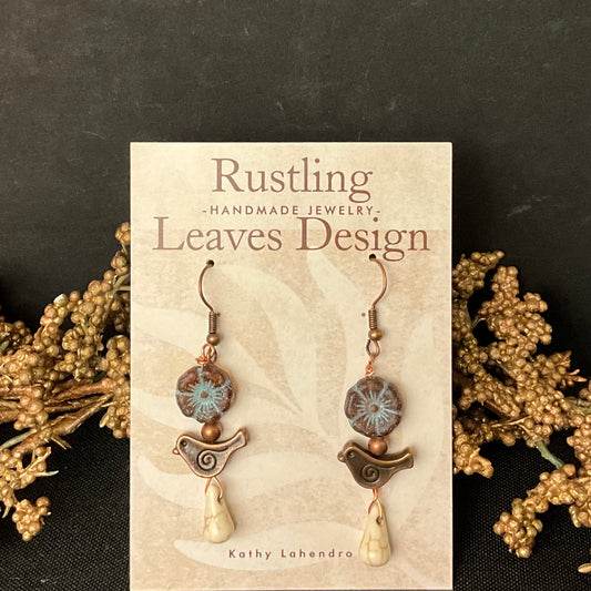 Blue Flower and Copper Bird with Bead Earrings