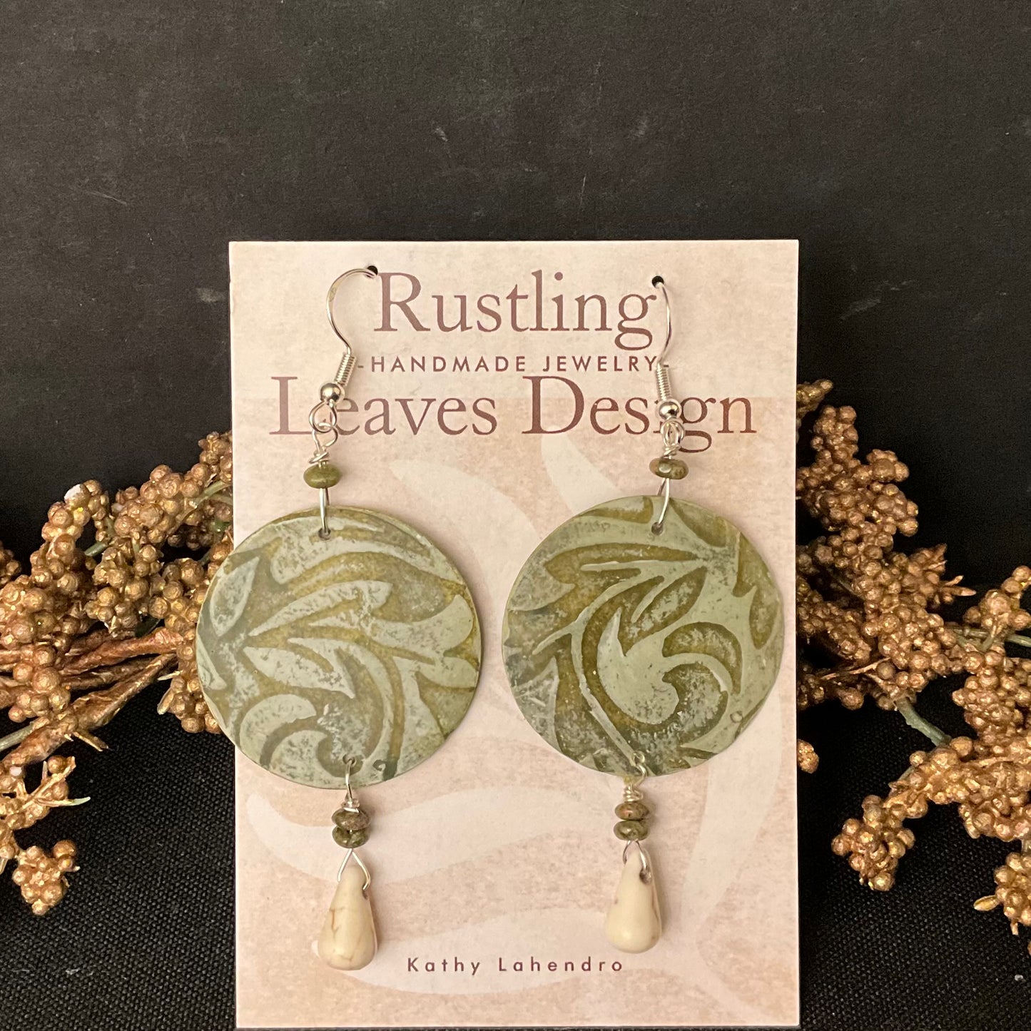 Olive Floral Disc with Bead Earrings