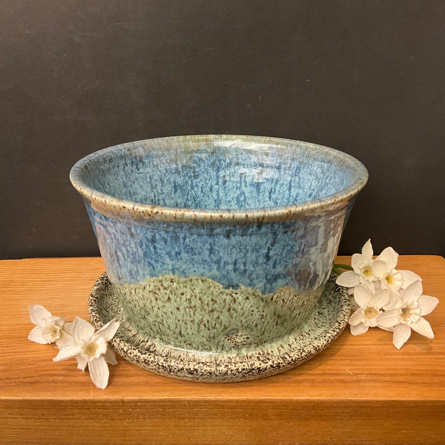 Speckled Blue & Green Planter - attached saucer