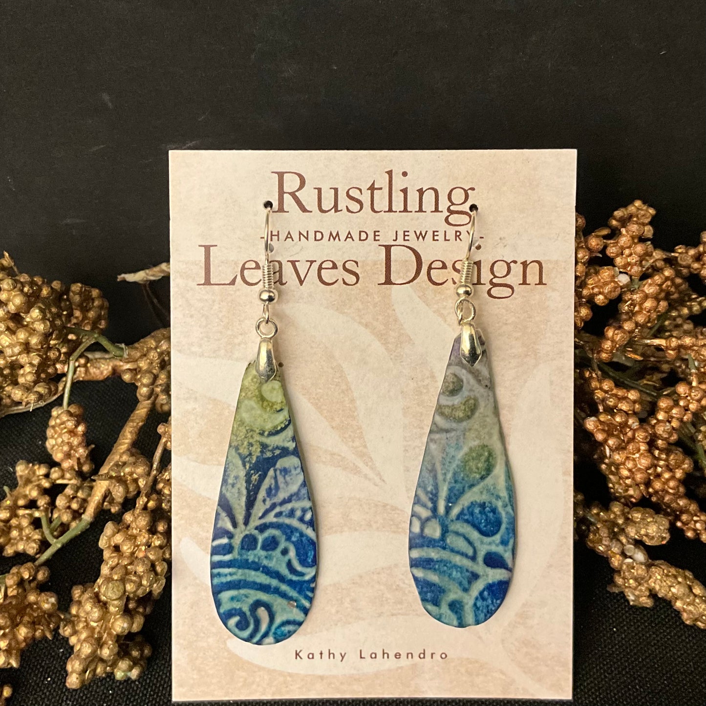 Teardrop Blue Green Abstract Floral Earrings