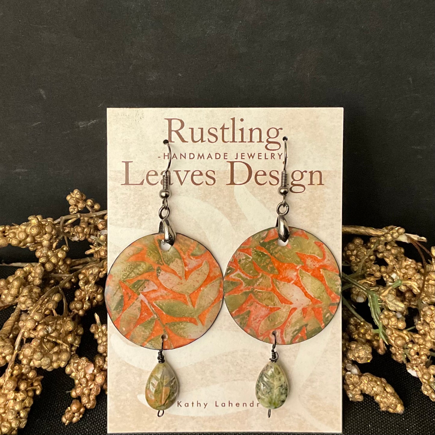 Fern Print Green and Orange Earrings