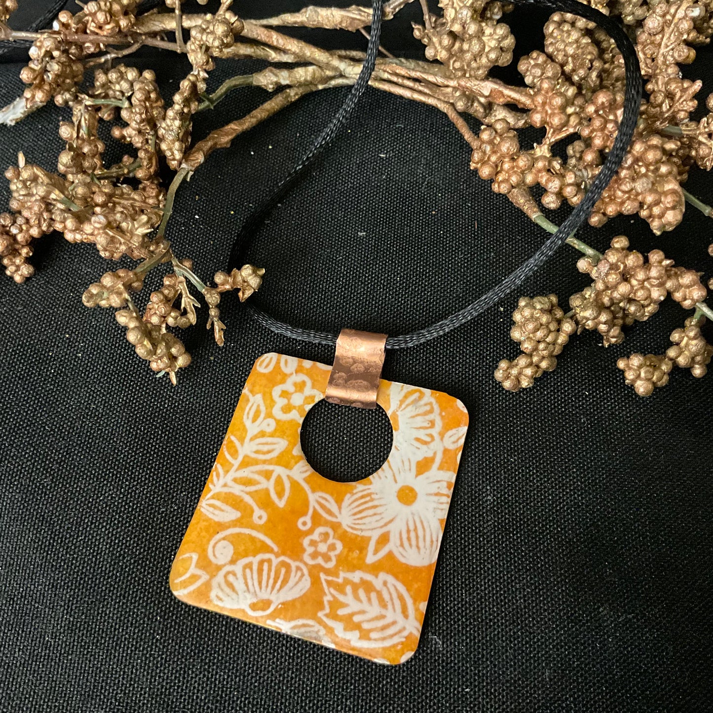 Floral orange and white Square Pendant