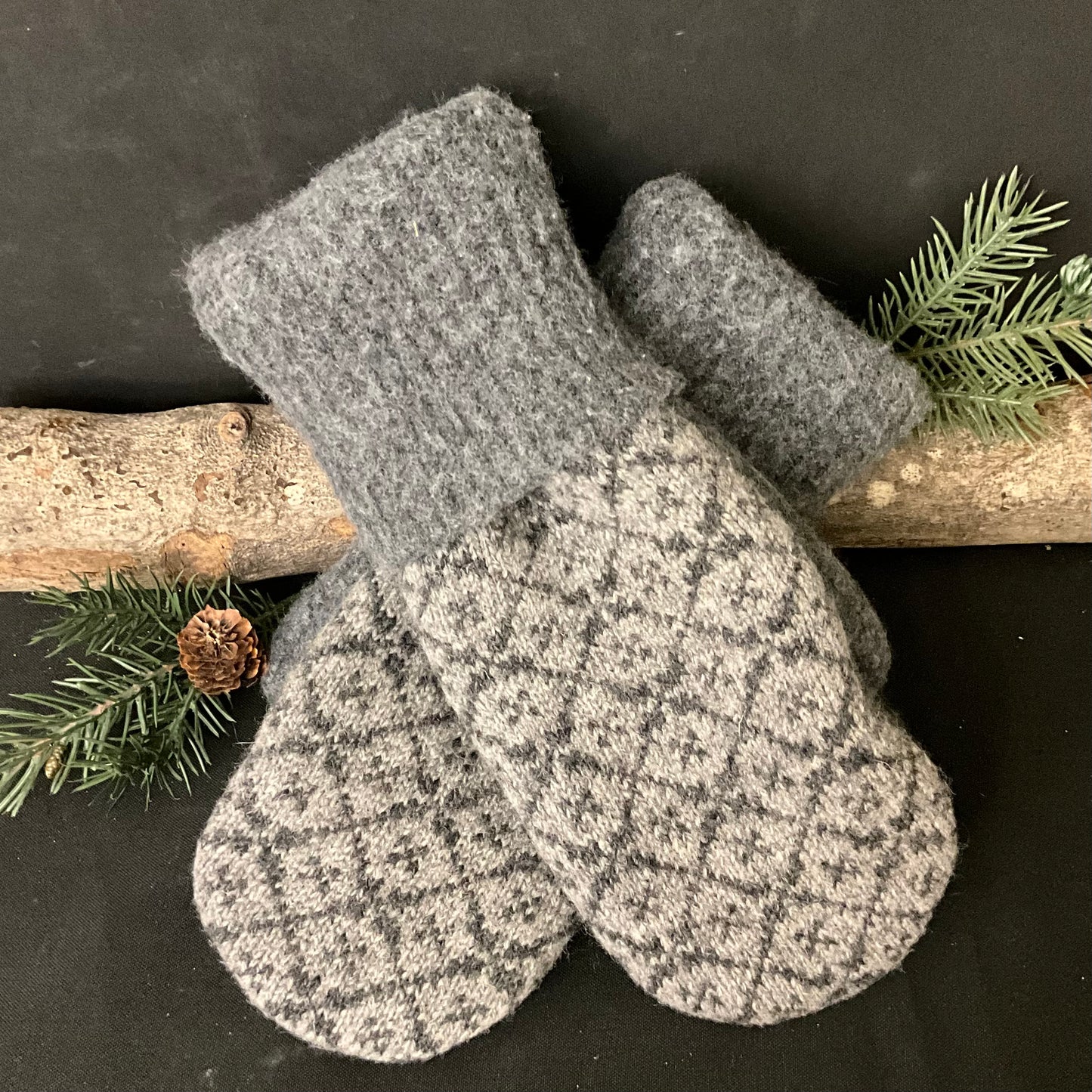 “Upcycled" Sweater Mittens in Gray and White Nordic Pattern