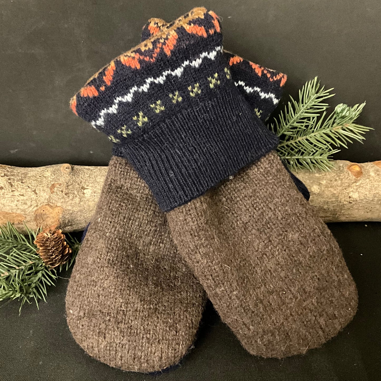 “Upcycled” Sweater Mittens Brown Heather with Fair Isle Pattern Cuff