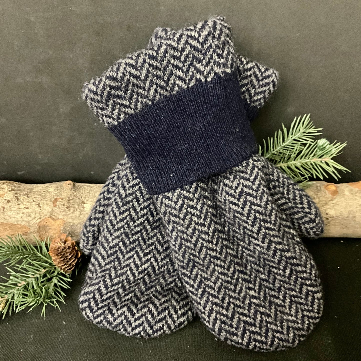 “Upcycled" Wool Sweater Mittens Midnight Blue and Charcoal Herringbone Pattern