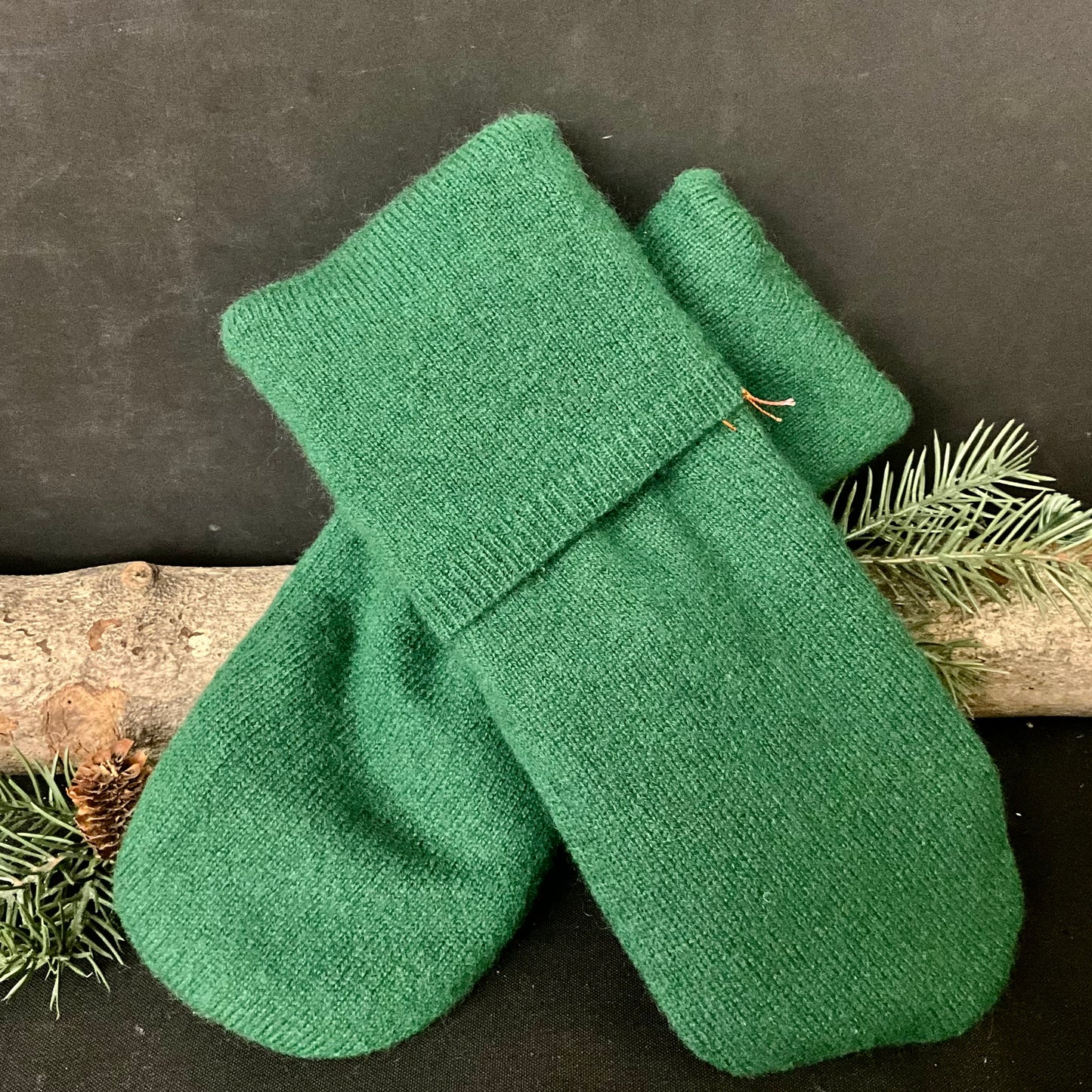 “Upcycled” Sweater Mittens in Soft Dark Green Cashmere