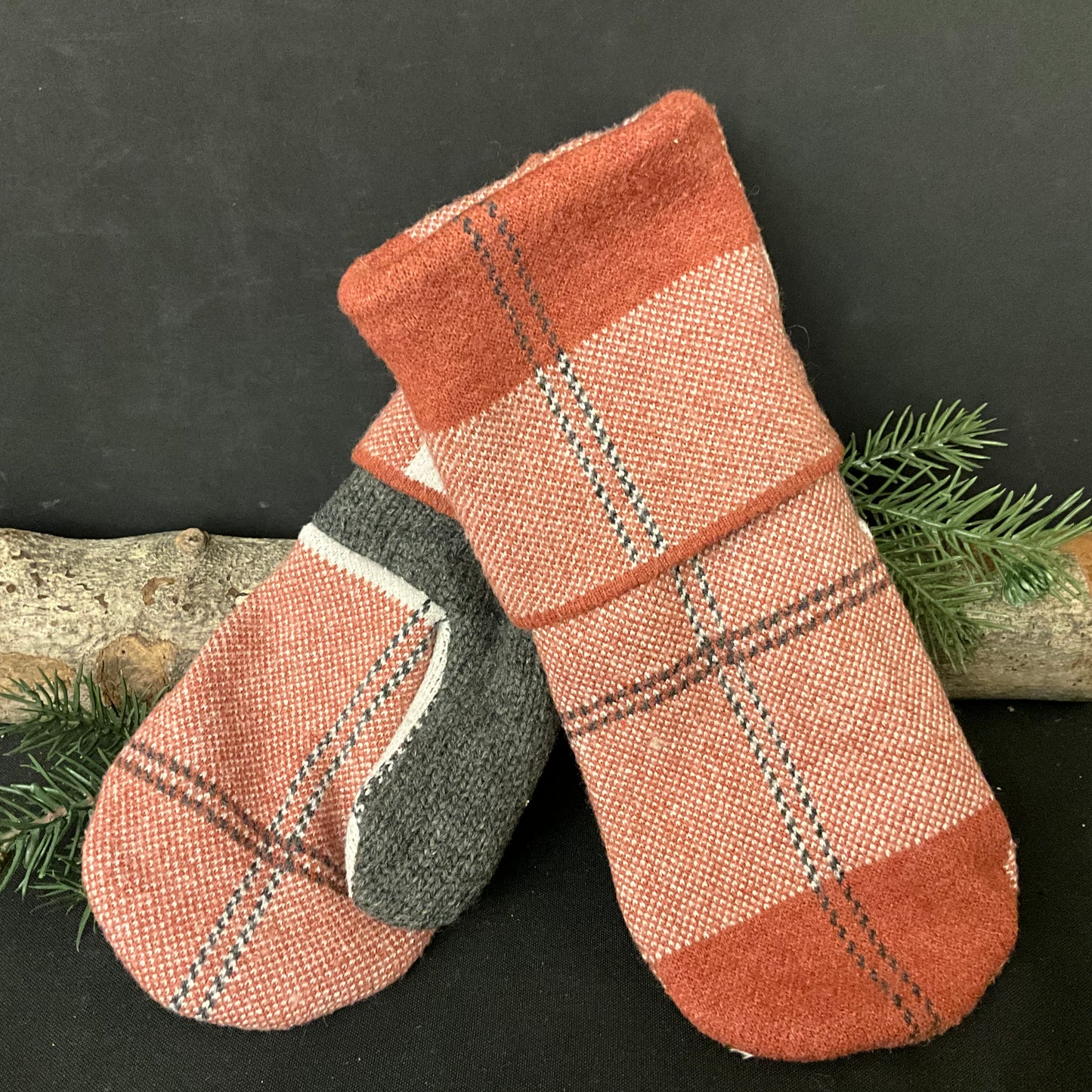 “Upcycled" Sweater Mittens in Brick Red Bold Plaid Pattern
