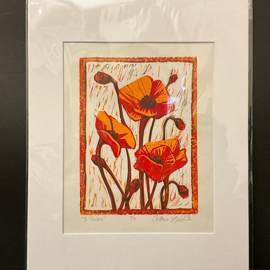 “Three Sisters” Original Matted Linocut Print