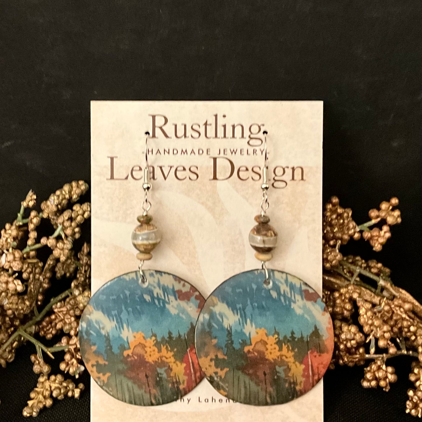 Autumn Forest Large Disc Earrings with Beads