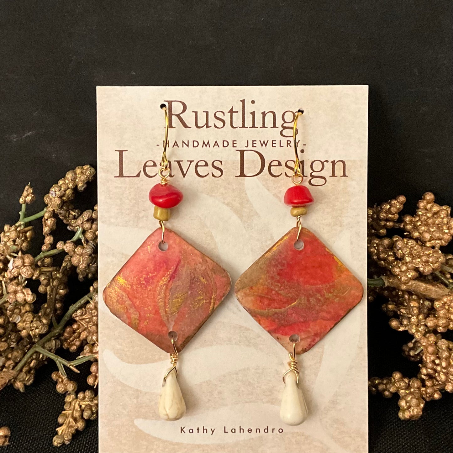 Copper, Red and Orange Diamond Earrings with Drop Bead