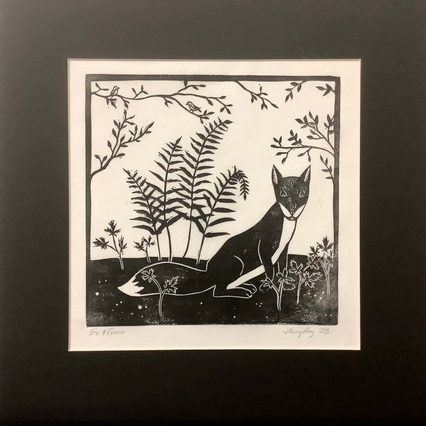 “Fox and Ferns” Rubber Block Print Matted