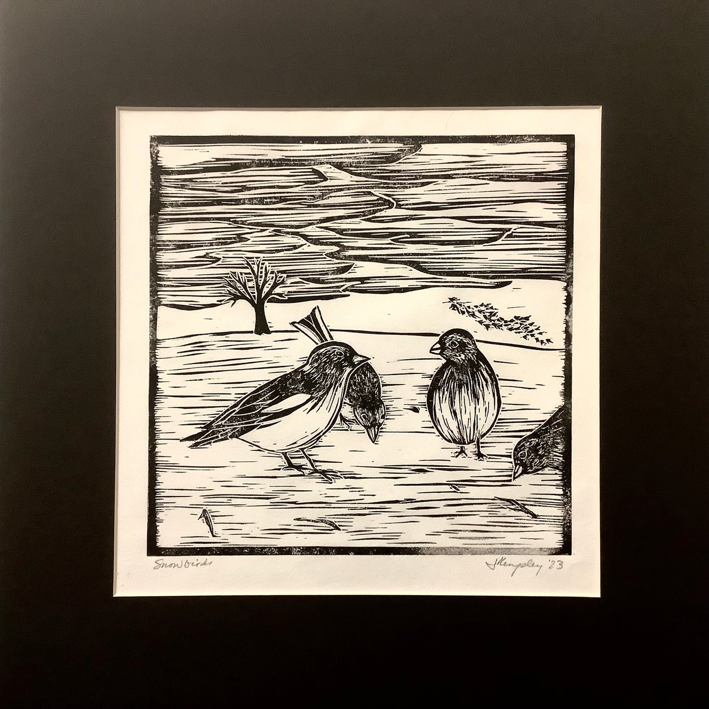 “Snowbirds” Rubber Block Print Matted