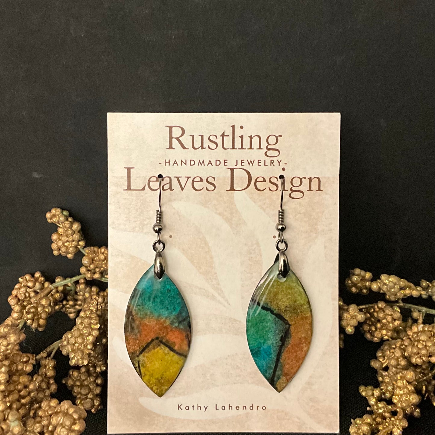 Blue Brown & Green Leaves Earrings