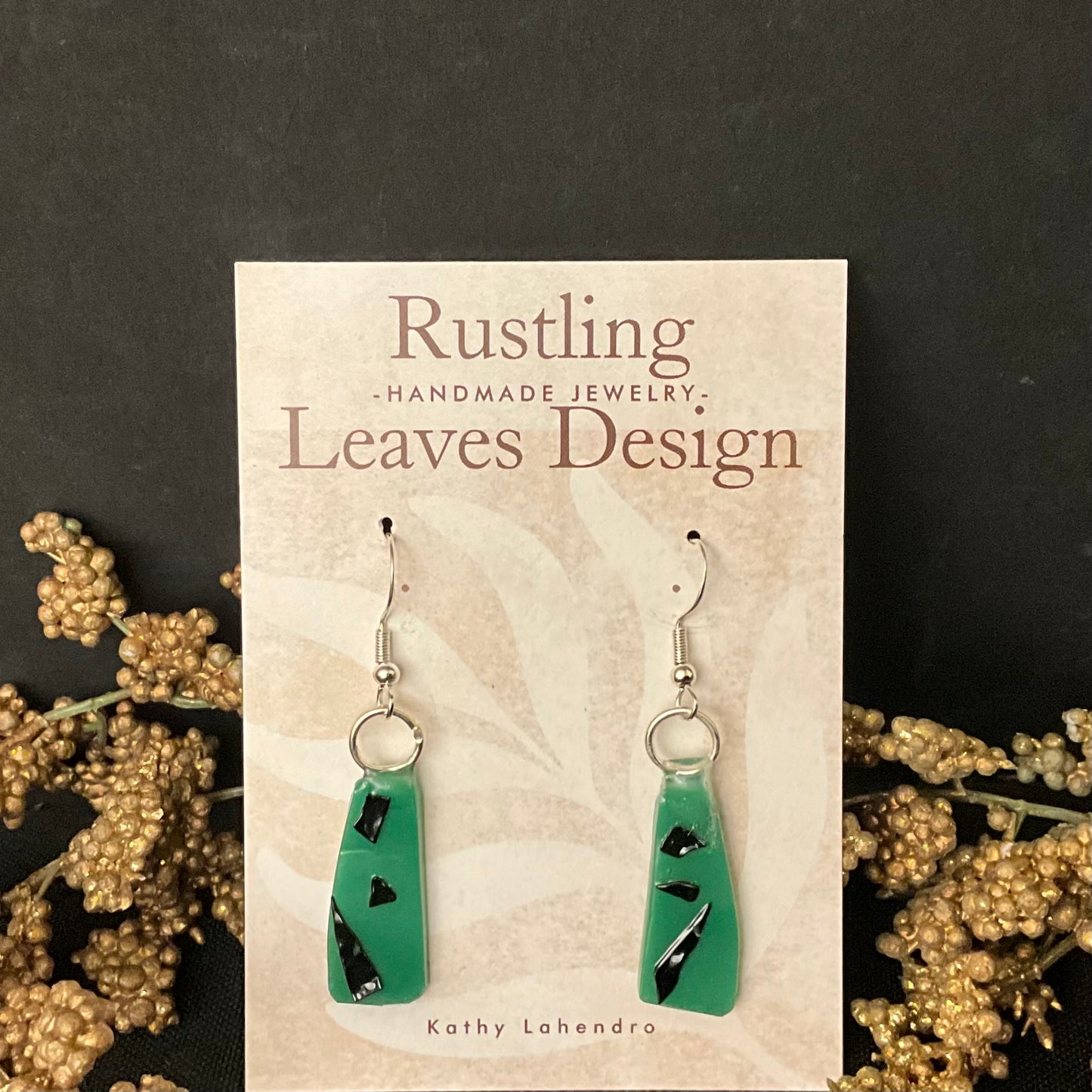 Jade Green & Black Fused Glass Earrings