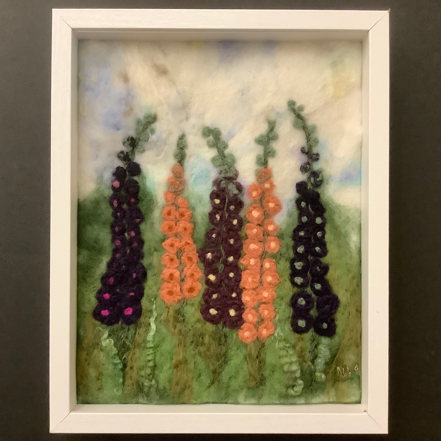 “Hollyhocks” Hand Felted Framed Art