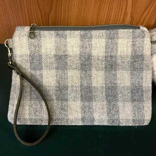 Gray Cream Plaid wool Wristlet