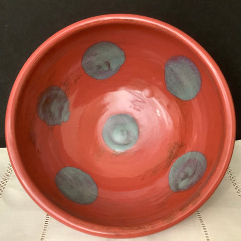 Bowl Red with Steel Blue “Polka Dots”