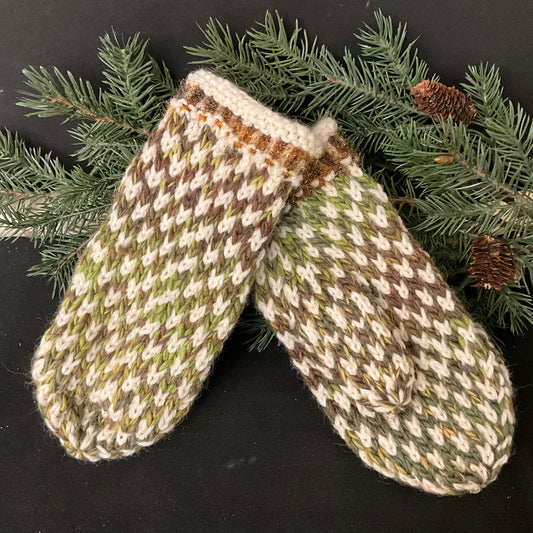 Hand Knitted Mittens White, Green & Brown