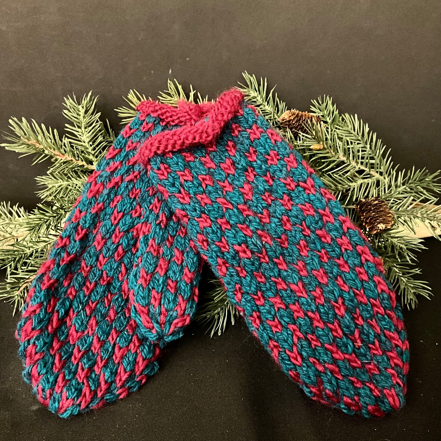 Hand Knitted Mittens Evergreen & Cranberry