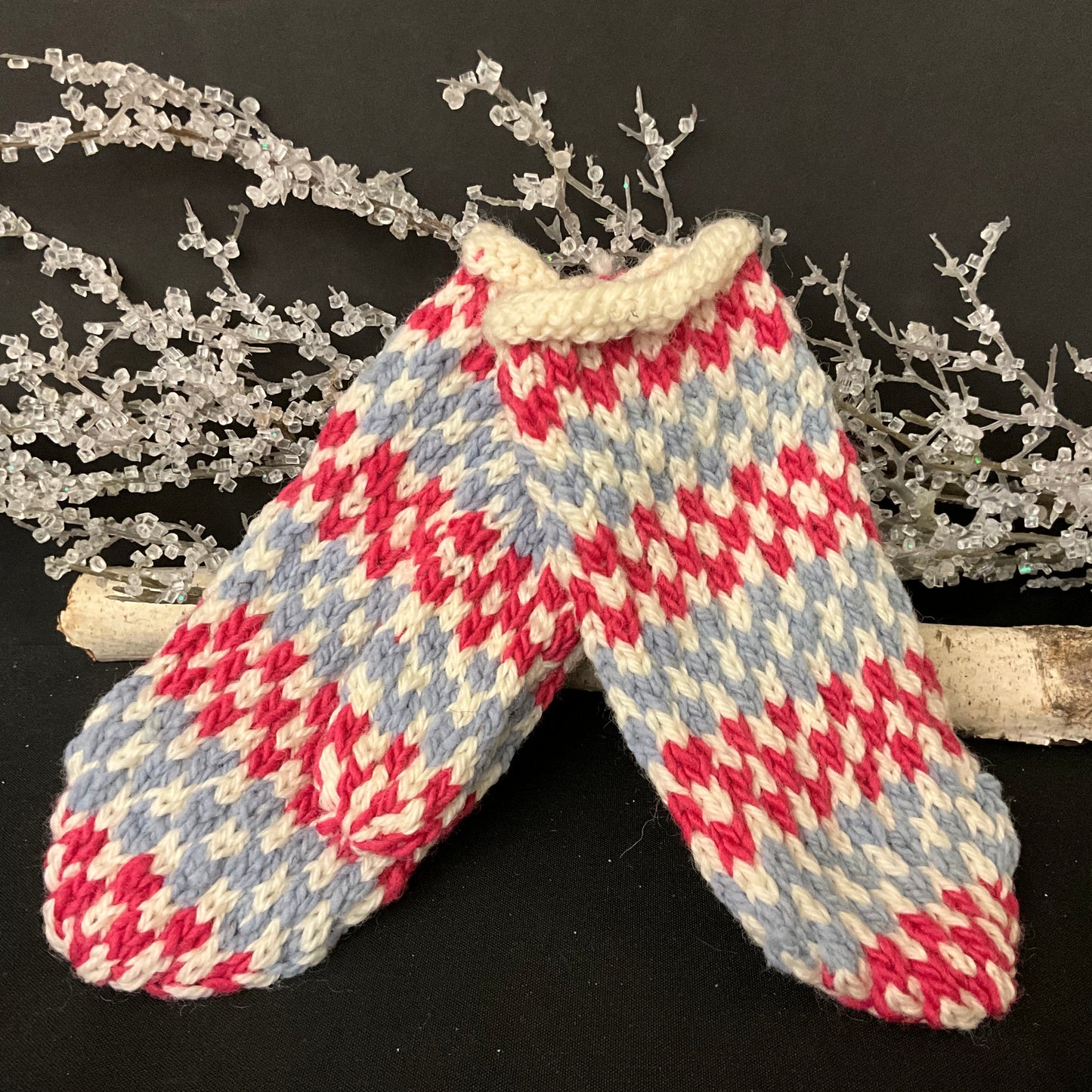 Hand Knitted Mittens White, Blue Gray & Rose