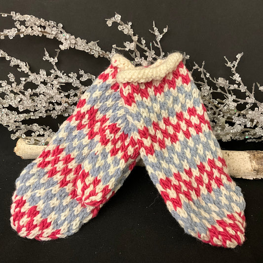 Hand Knitted Mittens White, Blue Gray & Rose