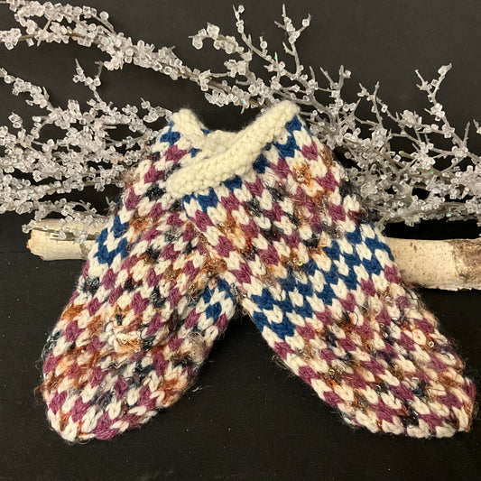Hand Knitted Mittens White & Jewel Tones