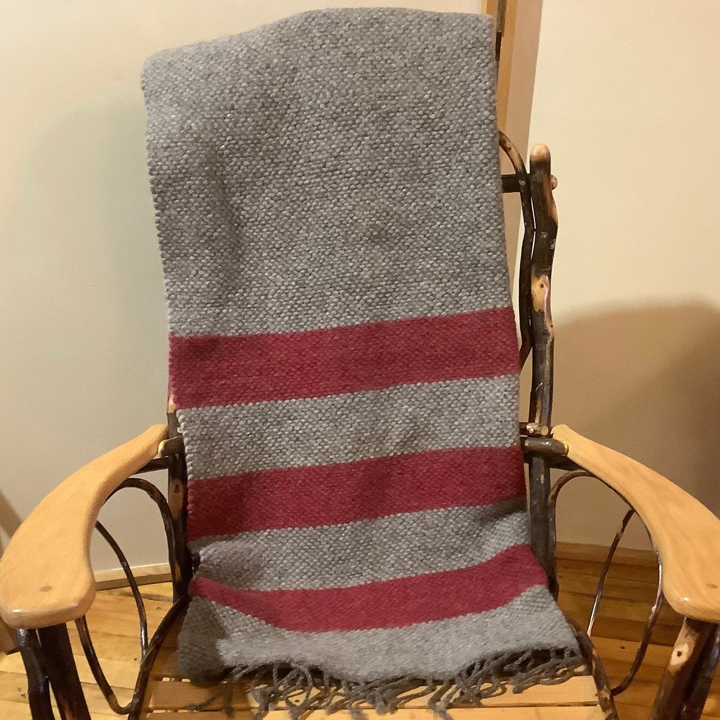Hand Dyed, Handwoven Wool Blanket Gray and Cranberry Loveseat Size